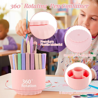 Pink Desk Accessories, 11Pcs Desk Organizer with 360°Rotating Pen Holder, Stapler, Staples, Staple Remover, Pen, Ruler, Tape Dispenser, Tape, Clips, Scissor, Notes, Office Supplies