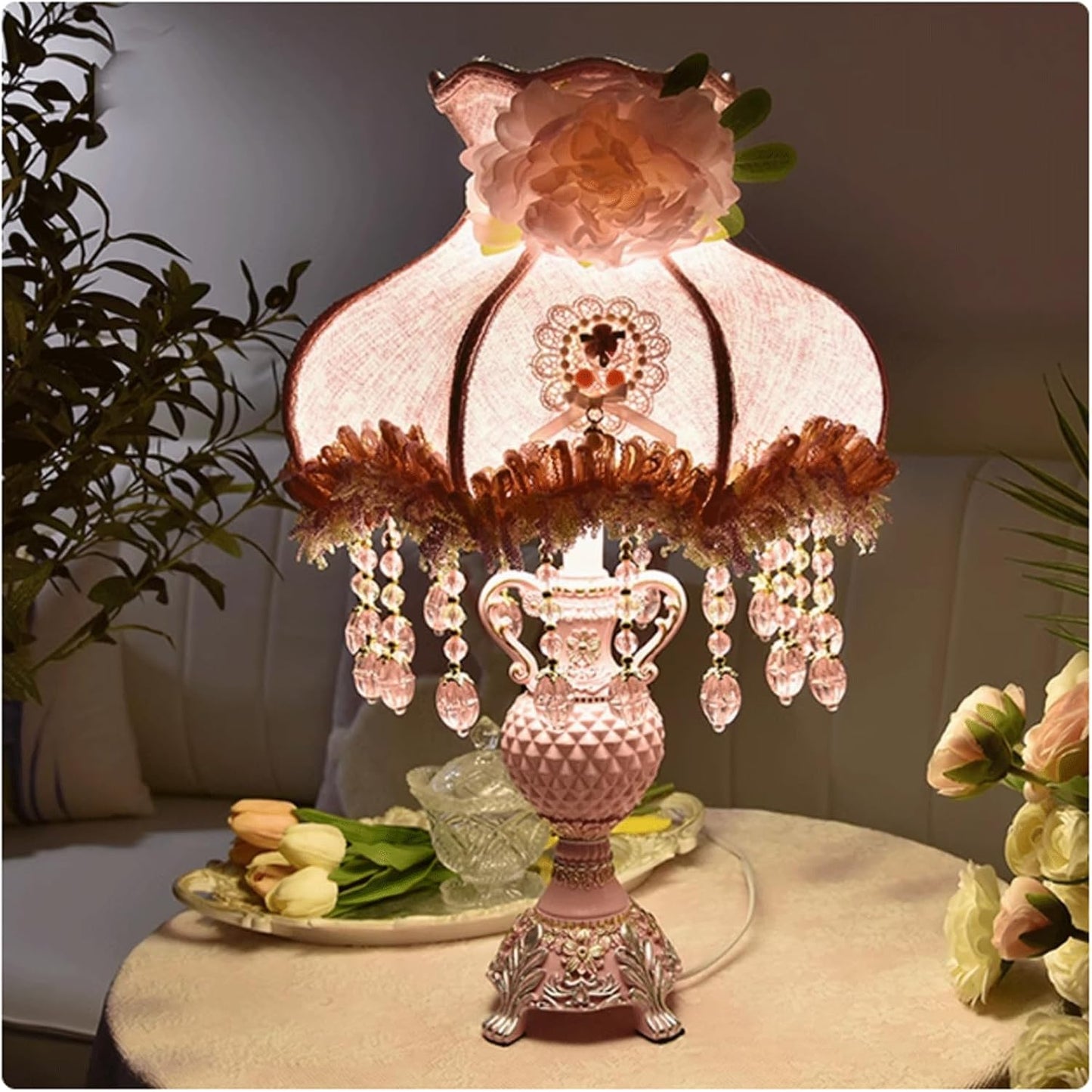 Victorian Style Pink Bedside Table Lamp European Romantic Peony Silk Flower Desk Lamp 3-Way Dimmable Princess Nightstand Lamp for Girls' Bedroom Living Room