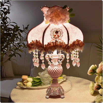 Victorian Style Pink Bedside Table Lamp European Romantic Peony Silk Flower Desk Lamp 3-Way Dimmable Princess Nightstand Lamp for Girls' Bedroom Living Room
