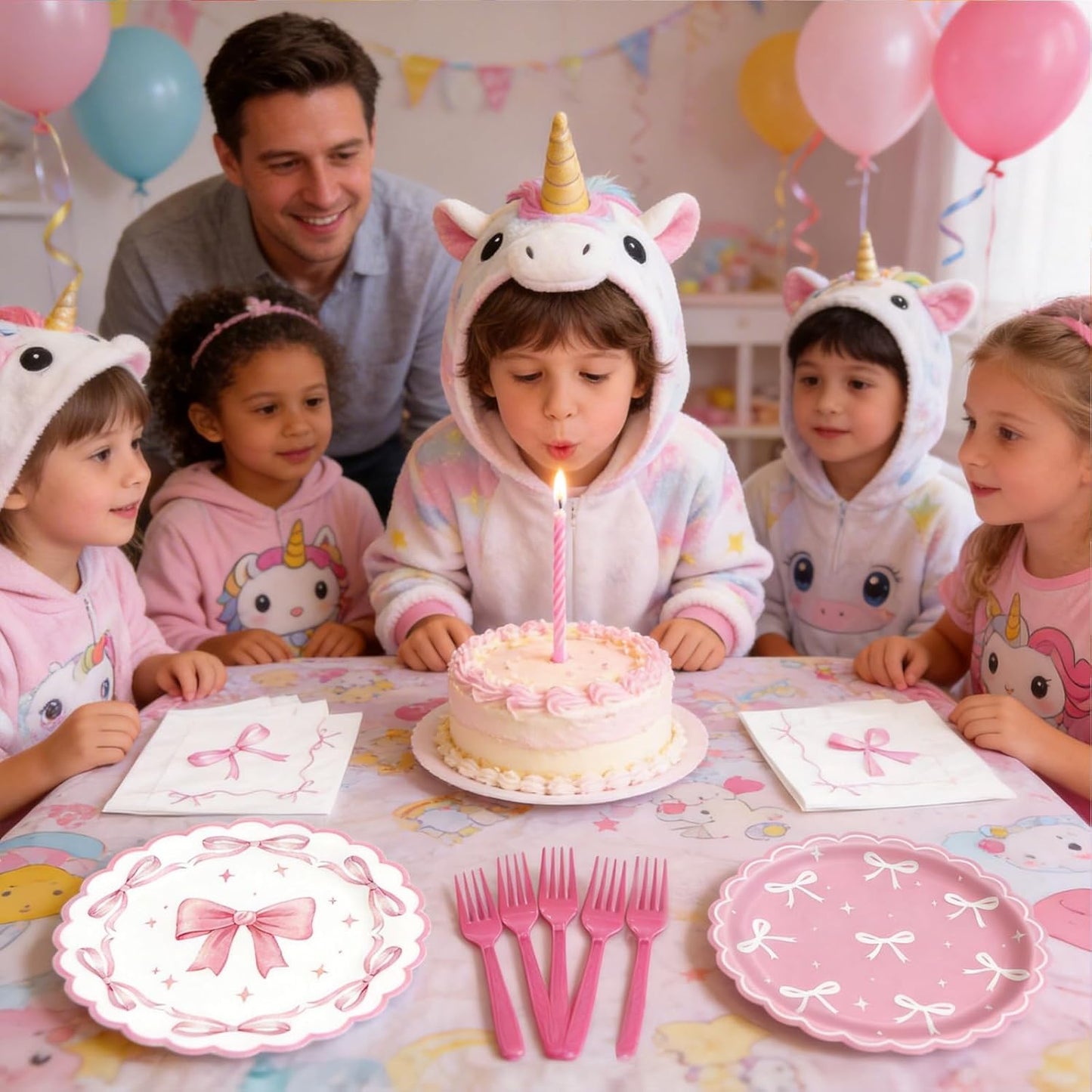 Pink Bow Party Supplies Set for 24 Guests, 96PCS Pink Disposable Tableware Set Includes Plates, Napkins & Forks, Aesthetic Baby Shower Birthday Bridal Shower Girl Party Decorations