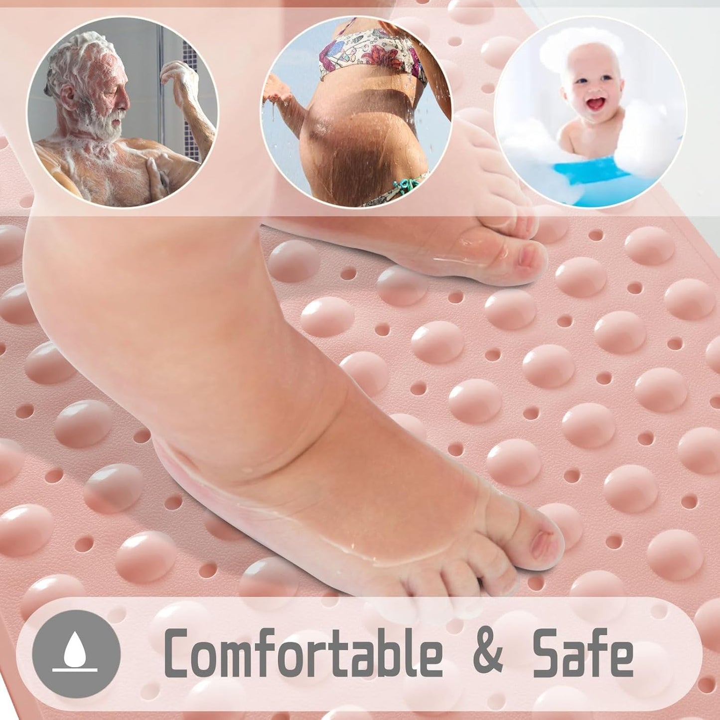 Yimobra Non Slip Bathtub Mat 40 x 16 Inch, Extra Long Shower Mat with Drain Holes, Machine Washable Baby Bath Mats, Strong Suction Cups for Bathroom Floor, Pink