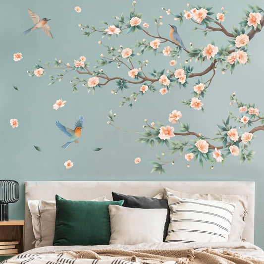 SHUCHING Camellia Flower Wall Sticker, Vintage Tree Branch Pink Flower Wall Decal Peel and Stick, Wall Art Decor for Bedroom Living Room