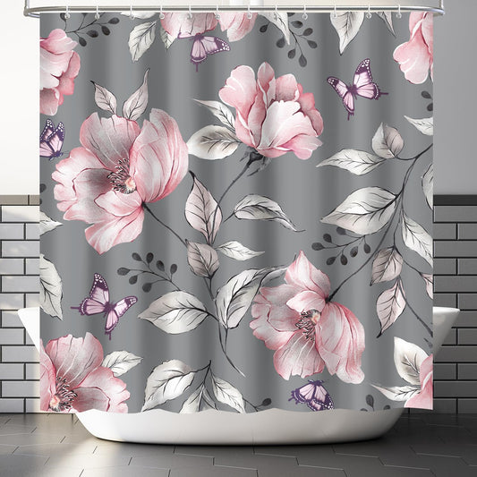 Lokigo Modern Floral Shower Curtain Grey Pink Flower Fabric Shower Curtains for Bathroom Home Hotel Plants Shower Curtain with Hooks, 72 x 72 Inches