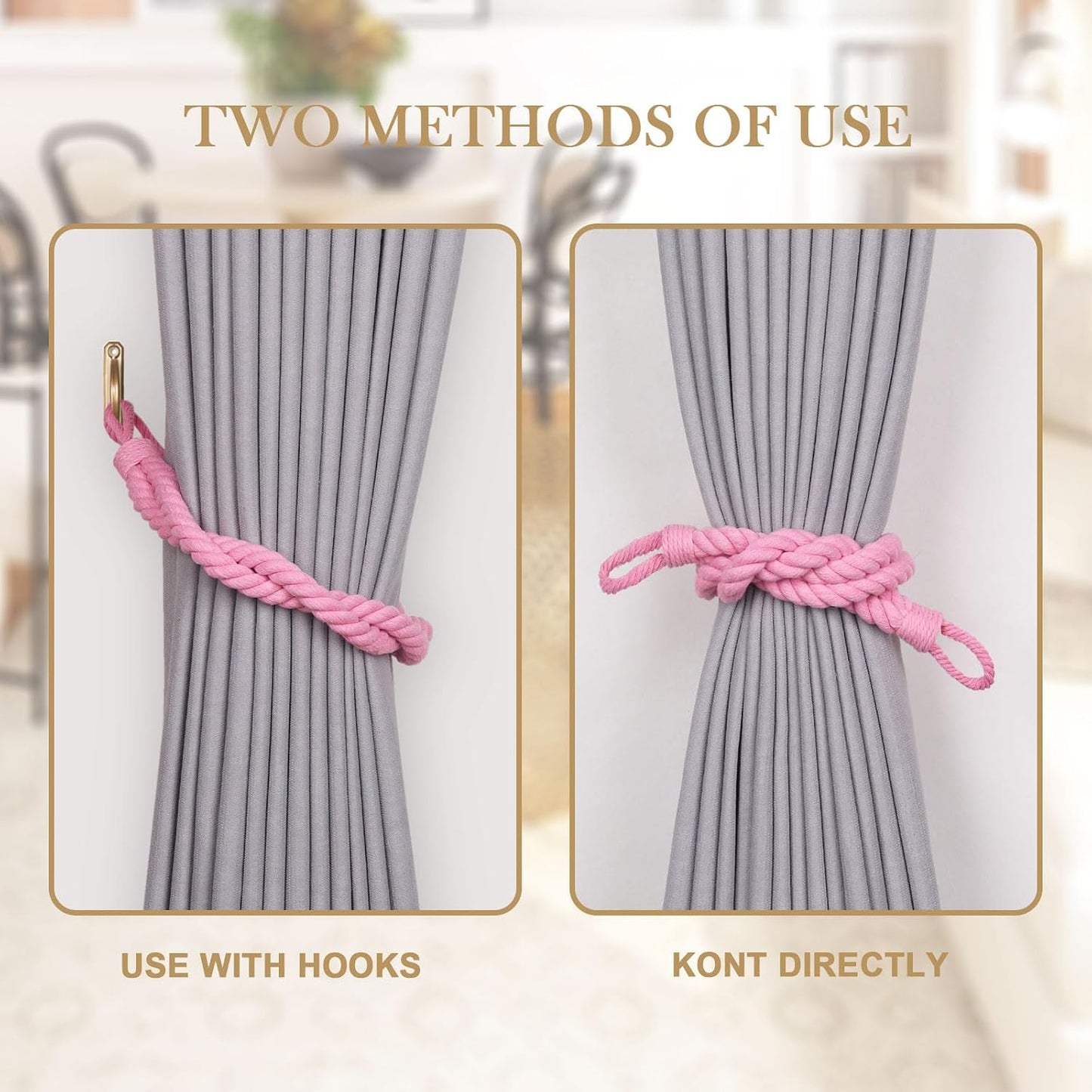 NICEEC 2 Pack Natural Cotton Rope Curtain Tiebacks Elegant Boho Style Decor Drape Tie Backs Soft Hand-Woven Double Rope Curtain Holdbacks with Metal Hook for Home & Office Drapery (Pink)