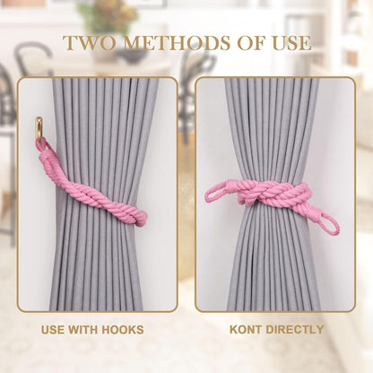 NICEEC 2 Pack Natural Cotton Rope Curtain Tiebacks Elegant Boho Style Decor Drape Tie Backs Soft Hand-Woven Double Rope Curtain Holdbacks with Metal Hook for Home & Office Drapery (Pink)