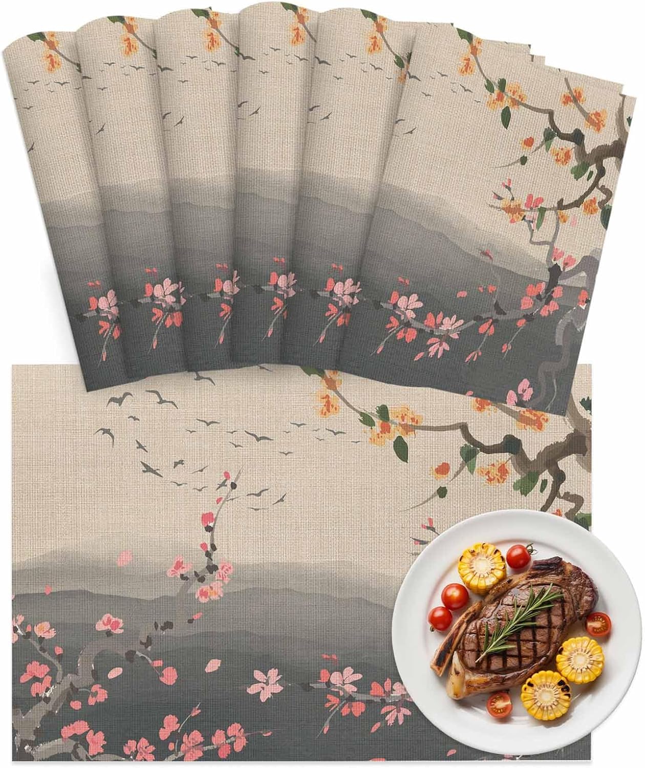 Chinese Ink Painting Placemats Set of 6, Washable PVC Kitchen Table Mats Place Mats, Pink Peach Blossom Branches Woven Vinyl Placemat for Dining Table, 13" x 19"