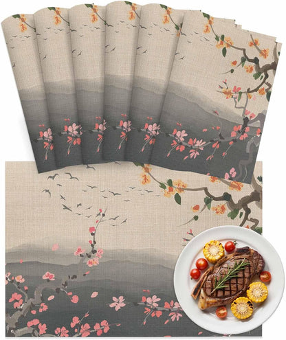 Chinese Ink Painting Placemats Set of 6, Washable PVC Kitchen Table Mats Place Mats, Pink Peach Blossom Branches Woven Vinyl Placemat for Dining Table, 13" x 19"