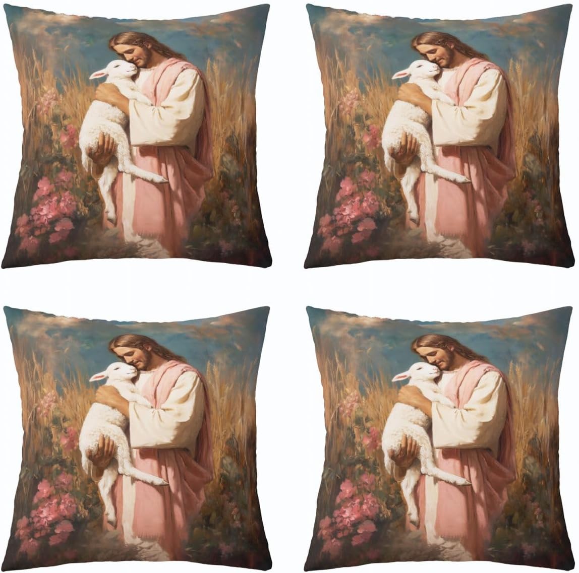 Manfei Man Holding Lamb Kids Throw Pillow Cover,Pink Yellow Spiritual Faith Double Sides Pillow Case,Inspirational Verse Home Decor,Flowers The Lost Lamb Couch Sofa Cushion Cover,1 Pack 22"x22"