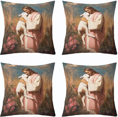 Manfei Man Holding Lamb Kids Throw Pillow Cover,Pink Yellow Spiritual Faith Double Sides Pillow Case,Inspirational Verse Home Decor,Flowers The Lost Lamb Couch Sofa Cushion Cover,1 Pack 22"x22"
