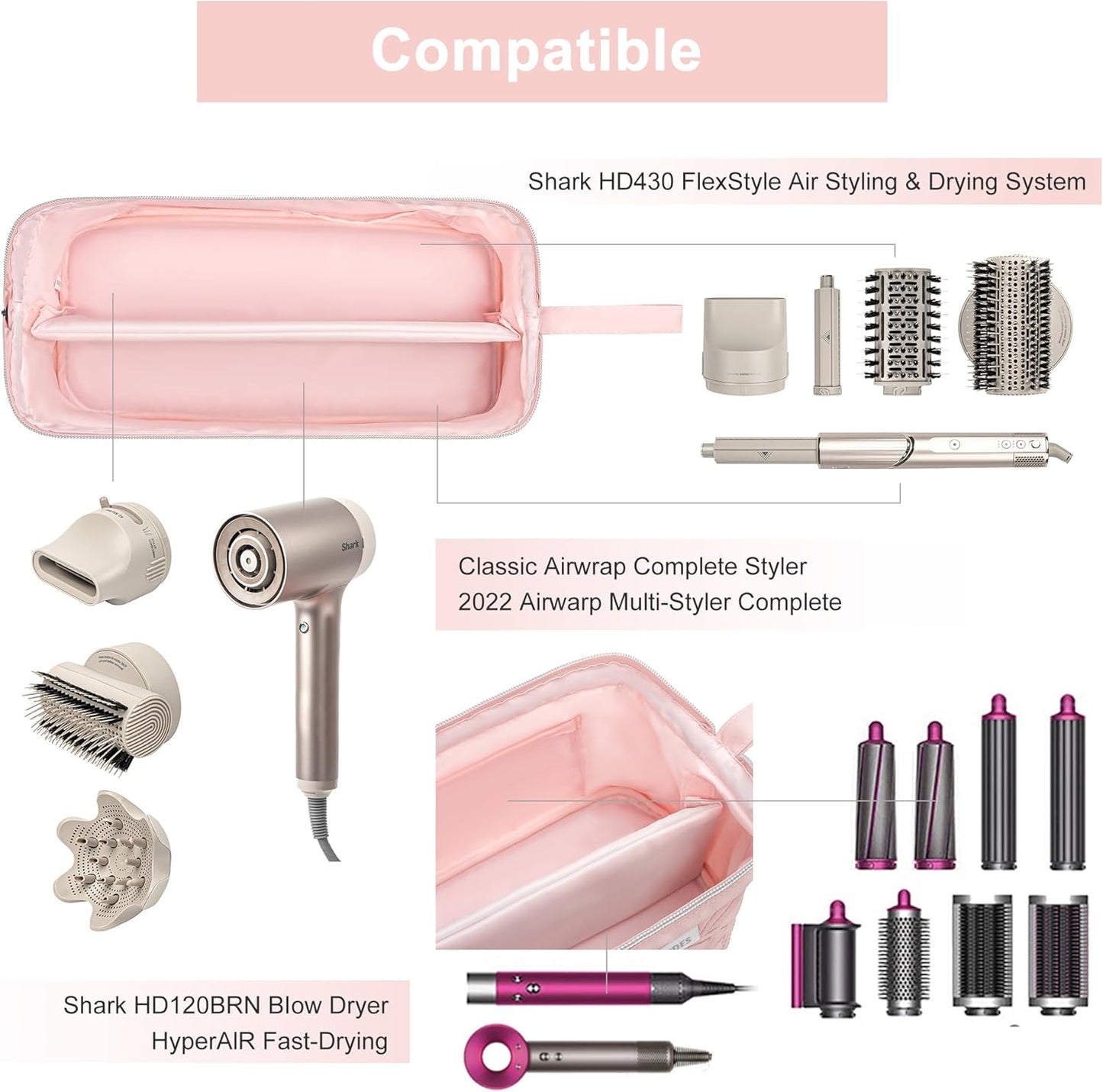 Leudes Hair Tools Travel Bag for Shark Flexstyle Carrying Case Portable Shark Hair Air Wrap Dryer Case Waterproof Dustproof Flat Curling Iron Travel Organizer (Pink)