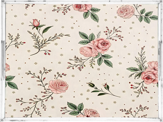 Vintage Floral Pink Serving Tray 12" x 16" Acrylic Trays with Handles Decorative Serving Platter for Coffee, Breakfast in Bed, Dinner, Appetizers, Patio, Party