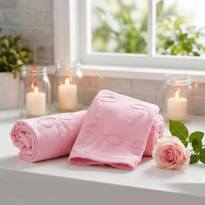 Kifmurase 2PCS Pink Hand Towels for Girl Bathroom Decor, Pink Bow Face Towels Cotton Soft Absorbent Decorative Jacquard Facecloth, Cute Bath Towel for Kitchen Bathroom Decor, 29.5 × 13 inch