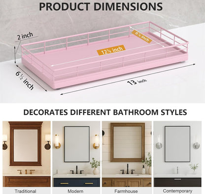 Toilet Paper Basket Organizer – Oak Wood Toilet Tank Tray with Metal Frame, Bathroom Counter Top Storage for Toilet Paper, Wipes & Decor, Modern Narrow Back of Tank Shelf Organizer, Pink