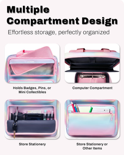 Zipper Binder 3 Ring with Ita Window, 3 Inch Binder with Zipper D-Ring Fits 14 in Laptop, 3-in-1 Shoulder/Backpack/Handle 600 Sheets Capacity for School & Office – Pink Blue