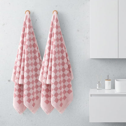REDKISS 2 Piece Pink Checkered Bath Towels Set - 27”x55” Highly Absorbent 600GSM Pink Cotton Towels for Bathroom Decoration, Retro Checkered Design