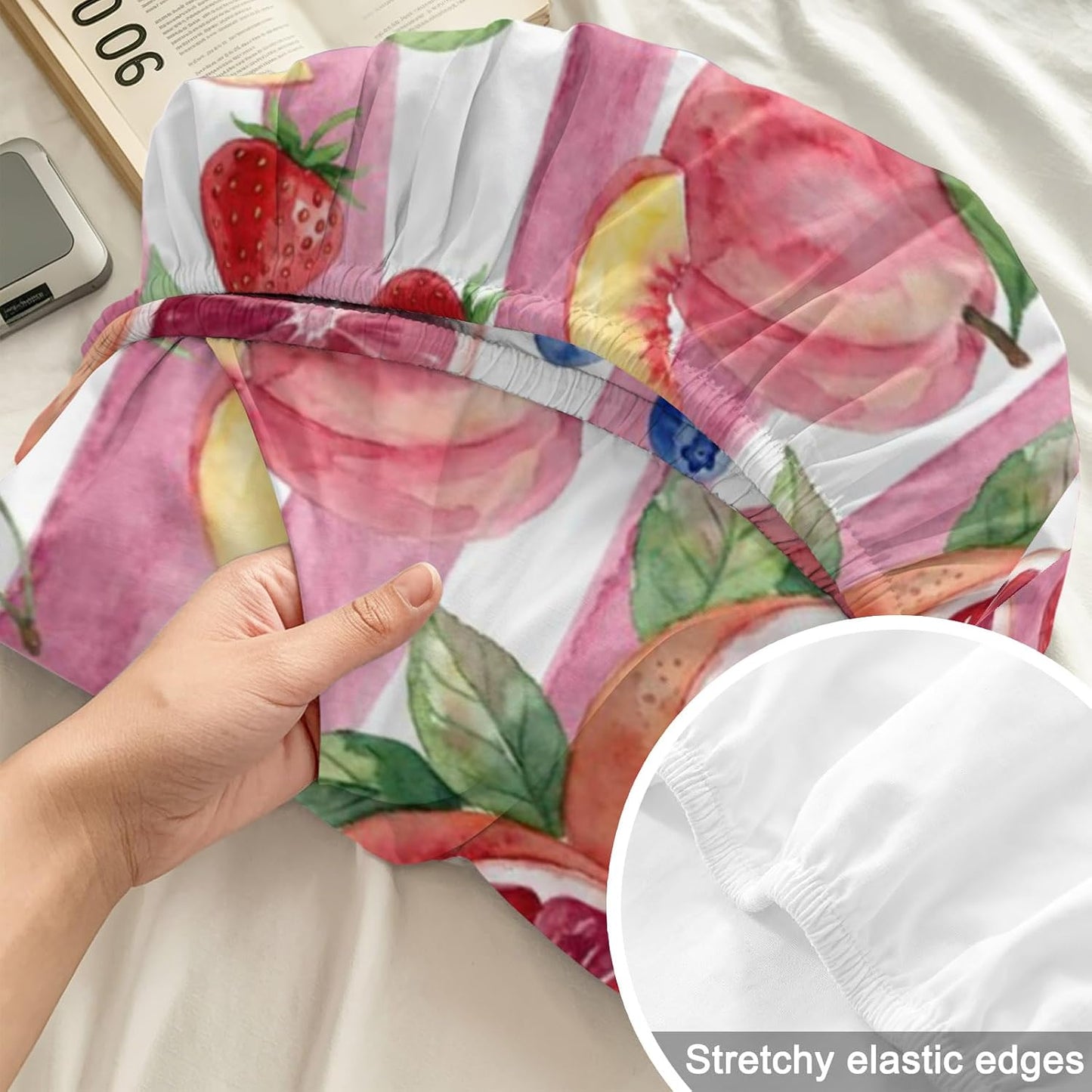 Queen Fitted Sheet Deep Pocket Bed Sheets with Elastic, Summer Peach Lemon Grapefruit Microfiber Bed Sheet Set, Blueberry Strawberry Pink Stripe Decorative Mattress Cover with 2 Pillowcase