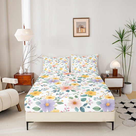 Erosebridal Floral Fitted Sheet Twin Size Peach Blossom Bed Sheets Colorful Flowers Hand Drawn Bedding Set for Kids Girls Women Pink Black Botanical Sheets