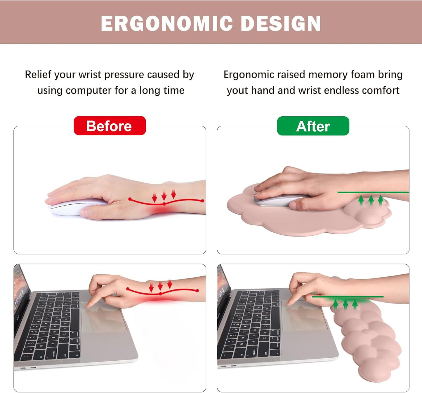Cloud Keyboard Wrist Rest and Mouse Pad with Wrist Support Set, Ergonomic PU Leather Mouse Pads, Memory Foam Non-Slip Mousepad for Computer,Laptop, Light Pink Cloud