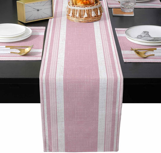 Vintage Pink Striped Table Runner and Placemats for Dining Table,Burlap Coffee Table Runner 90 Inch Long Farmhouse Modern Stripes Boho Washable Table Mats for Kitchen Party Placemats Set of 6