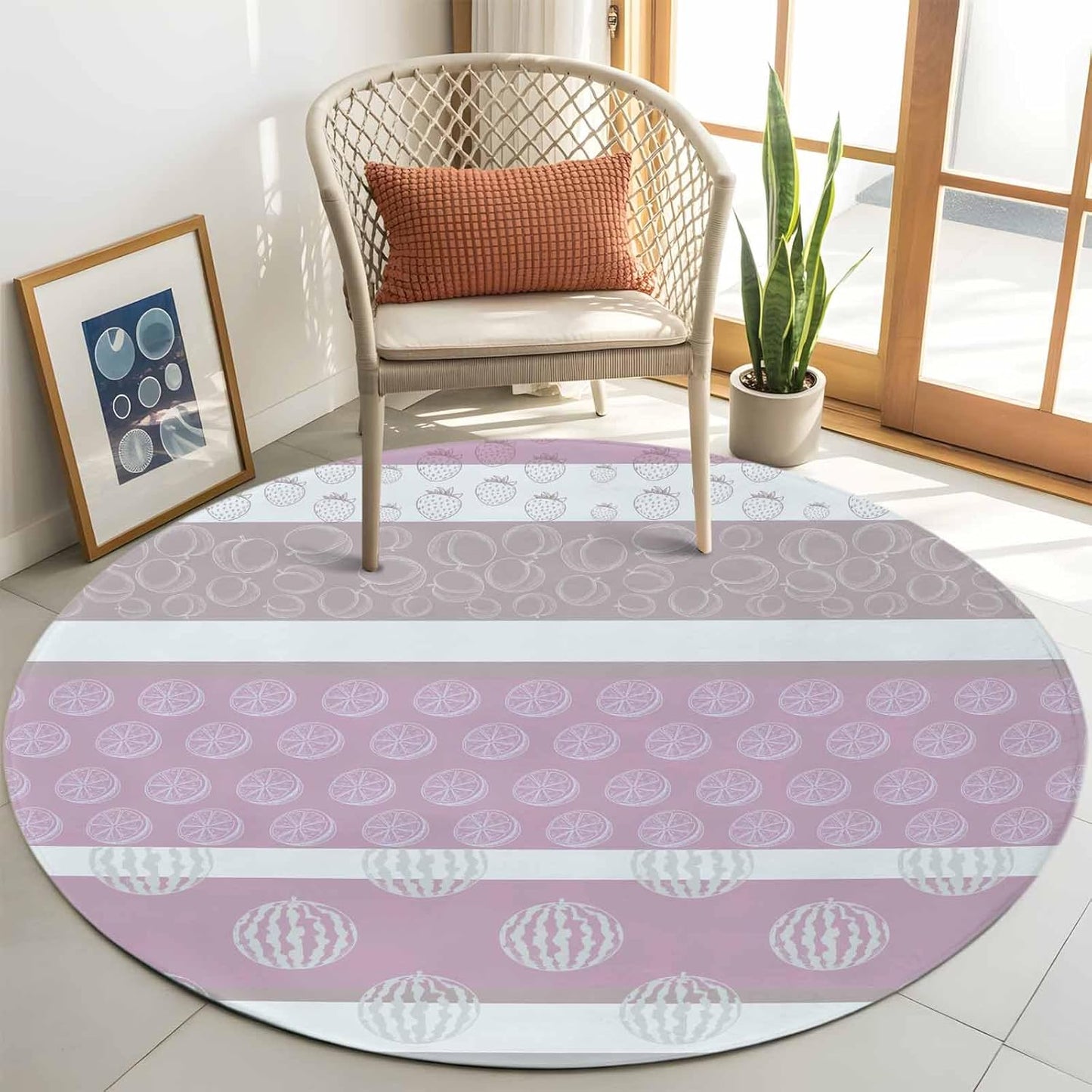 Round Rugs 4 Feet, Farm Fruits Non Slip Area Rugs for Living Room, Bedroom, Barhroom, Entryway, Watermelon Lemons Peach Pink Grey Striped Soft Kitchen Bath Mats Washable Carpet