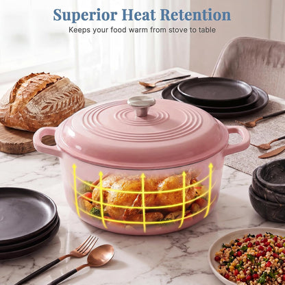 DUMOS Cast Iron Dutch Oven, 6 Quart Pot with Lid, Enameled Heavy Duty Cookware, Oven Safe to 500°F, Perfect for Bread Baking, Braising, Stews and Roasting, Moisture Sealing Lid with Dual Handles, Pink