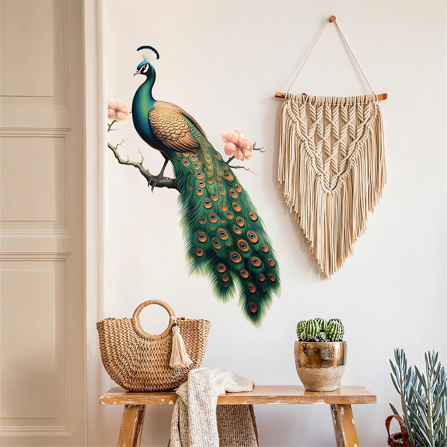 Green Peacock Peach Blossom Painted Wall Stickers, sacinora Beautiful Art Wall Decals Removable Vinyl Peel and Stick for Living Room Bedroom Door Backgrounds Home Decorations