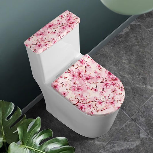 Peach Blossom Toilet Lid Covers for Bathroom Set Soft Toilet Seat Cover Set with Elastic Band Washable Elongated Home Decoration