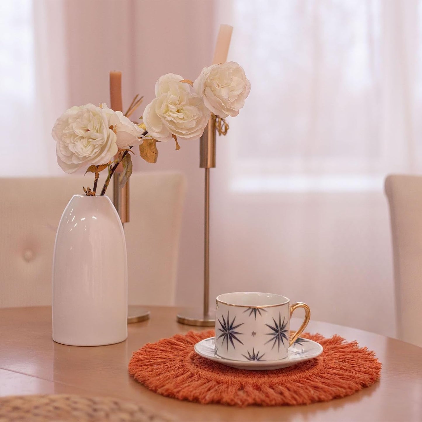 uxcell 2Pcs Boho Coasters, Round Handmade Woven Absorbent Coasters with Tassel Farmhouse Cup Mat Table Protection for Coffee Drink Mug Home Office Decor Housewarming Gift, Pink