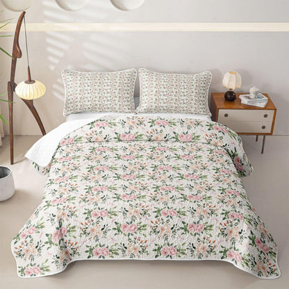 Erosebridal Flower Quilt Set Rose Quilt Queen Peach Blossom Kawaii Ribbon Bow Quilted Coverlet Princess Girly Leaves Floral Theme Bedspread Lightweight
