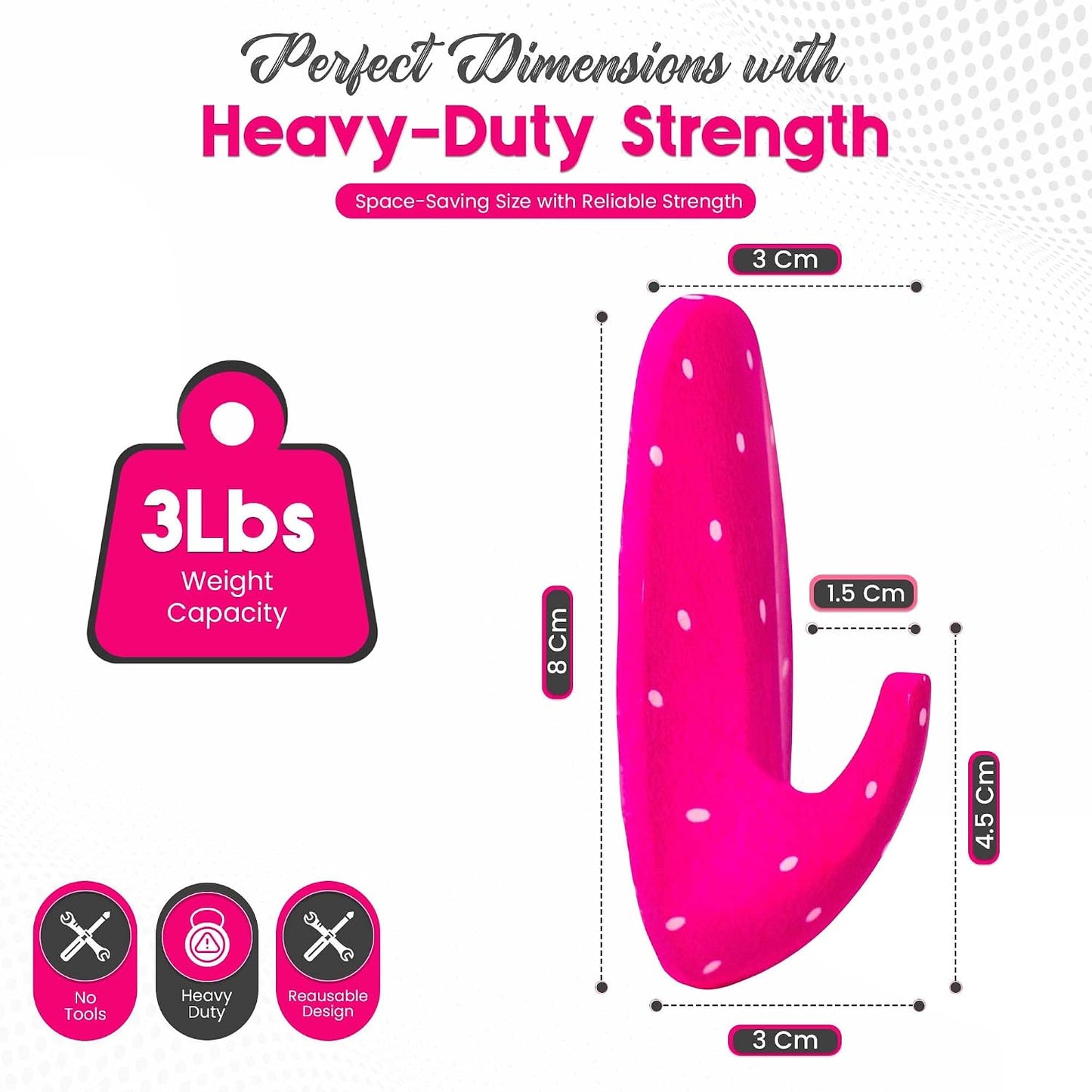 Adhesive Wall Hanging Hooks | Pack of 3 Pink Polka Dot Wall Hooks with Heavy Duty Sticky Strips that Hold Up to 3lbs, Easy to Install Hanging Hook for Painted Walls & Kitchen