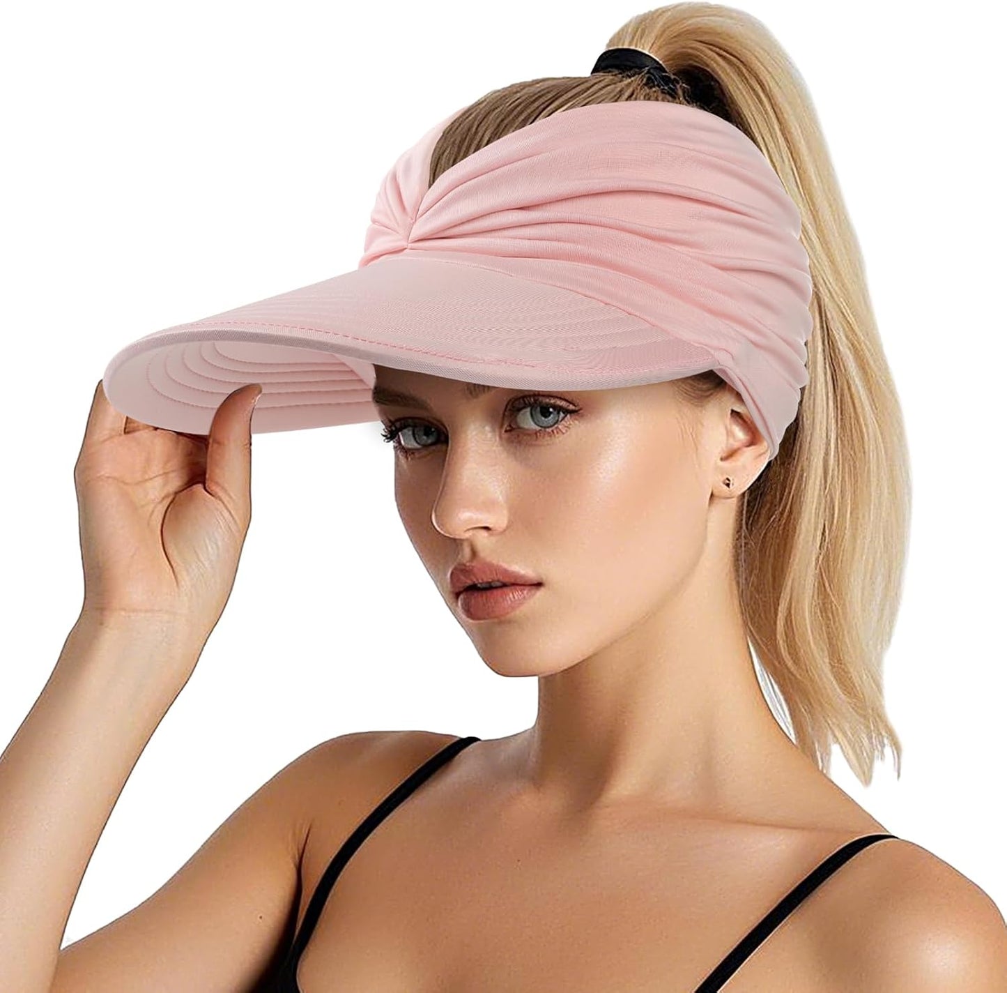 Sun Hats for Women, Wide Brim UV Protection Sun Visor Hats, UPF50+ Lightweight Foldable Ponytail Sports Cap