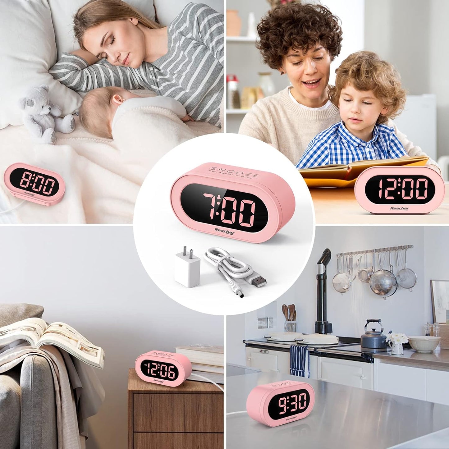 REACHER Pink Girls Alarm Clock for Kids Bedroom, Dimmable LED Digital Display, Outlet Powered, Adjustable Volume, Simple to Use, Snooze, Small Size for Bedside, Desk, Toddler