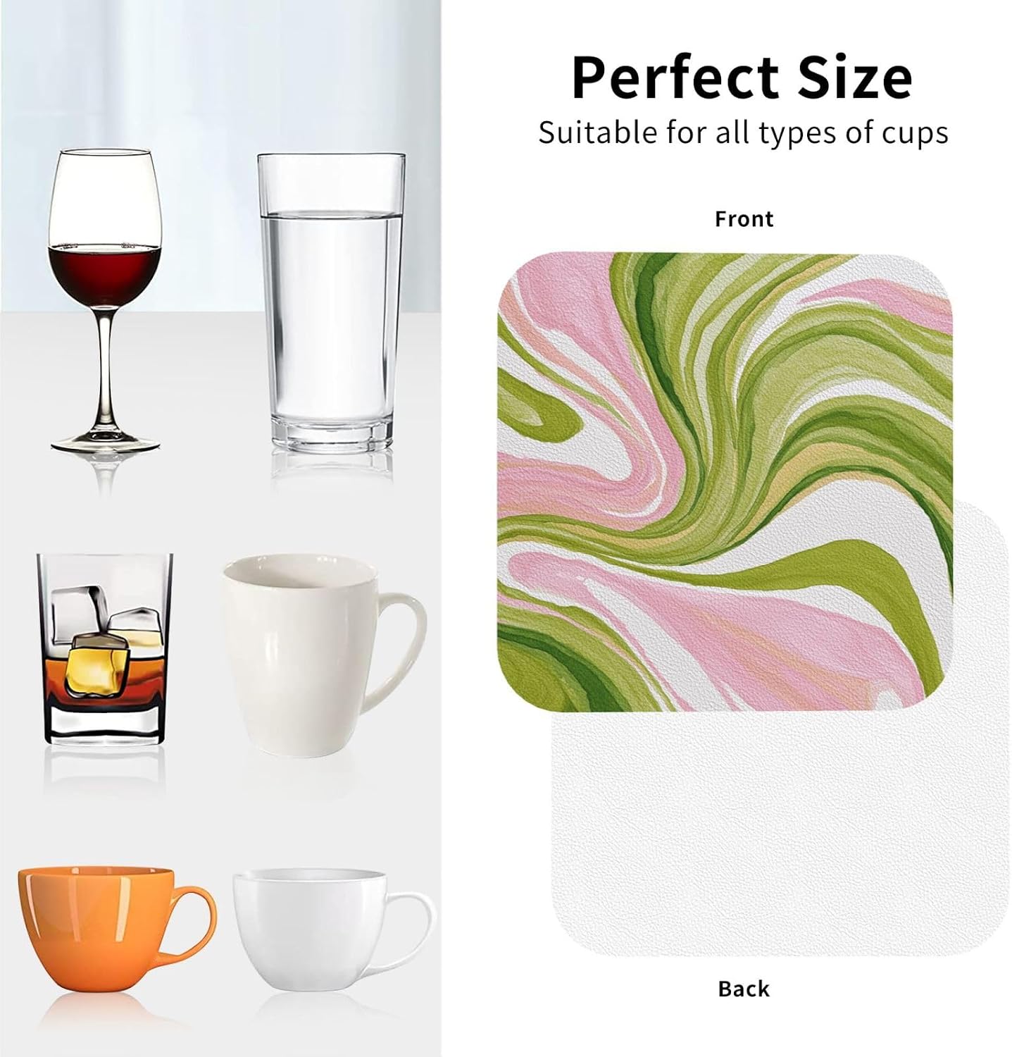 Watercolor Light Pink Green Swirl Marble Drinks Coasters Set of 4 Leather Drink Coasters for Tabletop Protection Heat Resistant Bar Cup Mat Pad