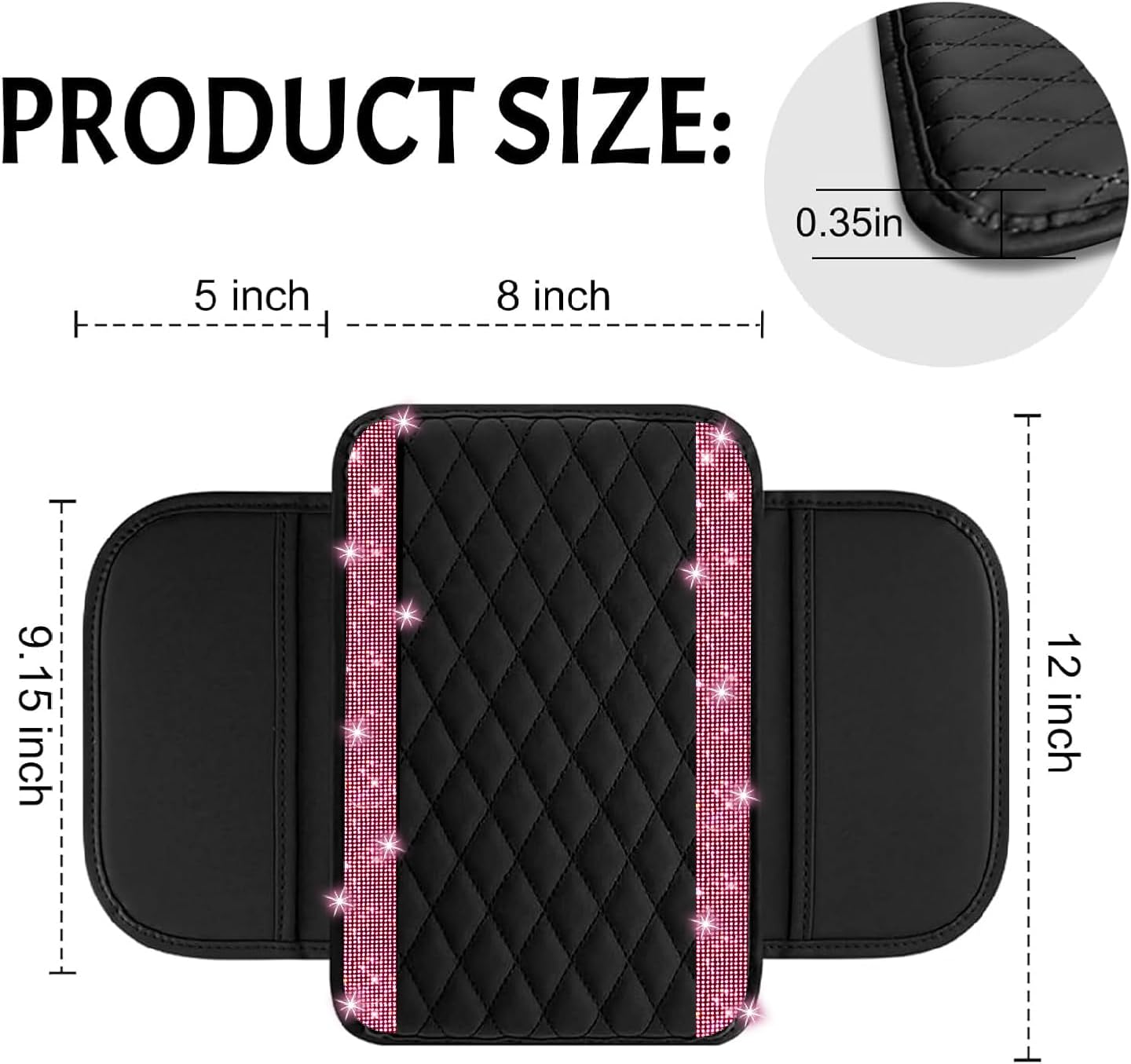 NBTEPEM Bling Car Center Console Cover, Leather Car Arm Rest Cover Cushion with 2 Storage Bags, Universal Automotive Armrest Protector Storage Box, Bling Accessories Interior for Most Vehicles (Pink)