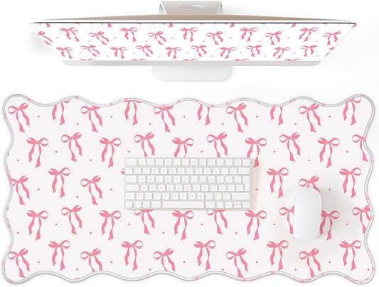 Hahafelt Pink Bow Desk Mat Large Pink Mouse Pad Bow Scalloped Desk Mat 31.5" x 15.7" Non-Slip Rubber Waterproof Coquette Keyboard Mouse Pad for Women Office Home Dorm Desktop Computer Cover(Classic)