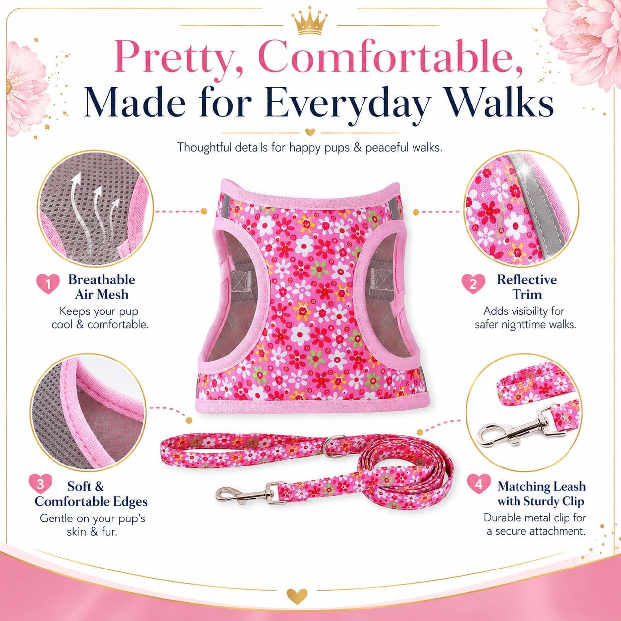 Step in Dog Harness Leash Set- All Weather Reflective No-Pull Floral Pattern Padded Mesh Vest Harness for Cats Puppy Extra-Small Small Medium Large Dogs - Pink Flower - S