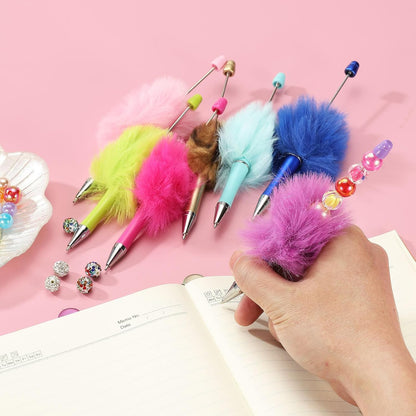 PATIKIL 5Pcs Fluffy Beadable Pens, Plush Fuzzy Plastic Bead Pen Bead Ballpoint for DIY Gift Writing Office Supplies, Light Pink