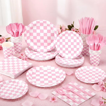 Pickmesh 400 Pcs Pink and White Checkered Party Decorations Set Light Pink Gingham Disposable Paper Plates Napkins Cups Cutlery Plaid Party Decorations for Baby Shower Wedding Birthday Serve 50