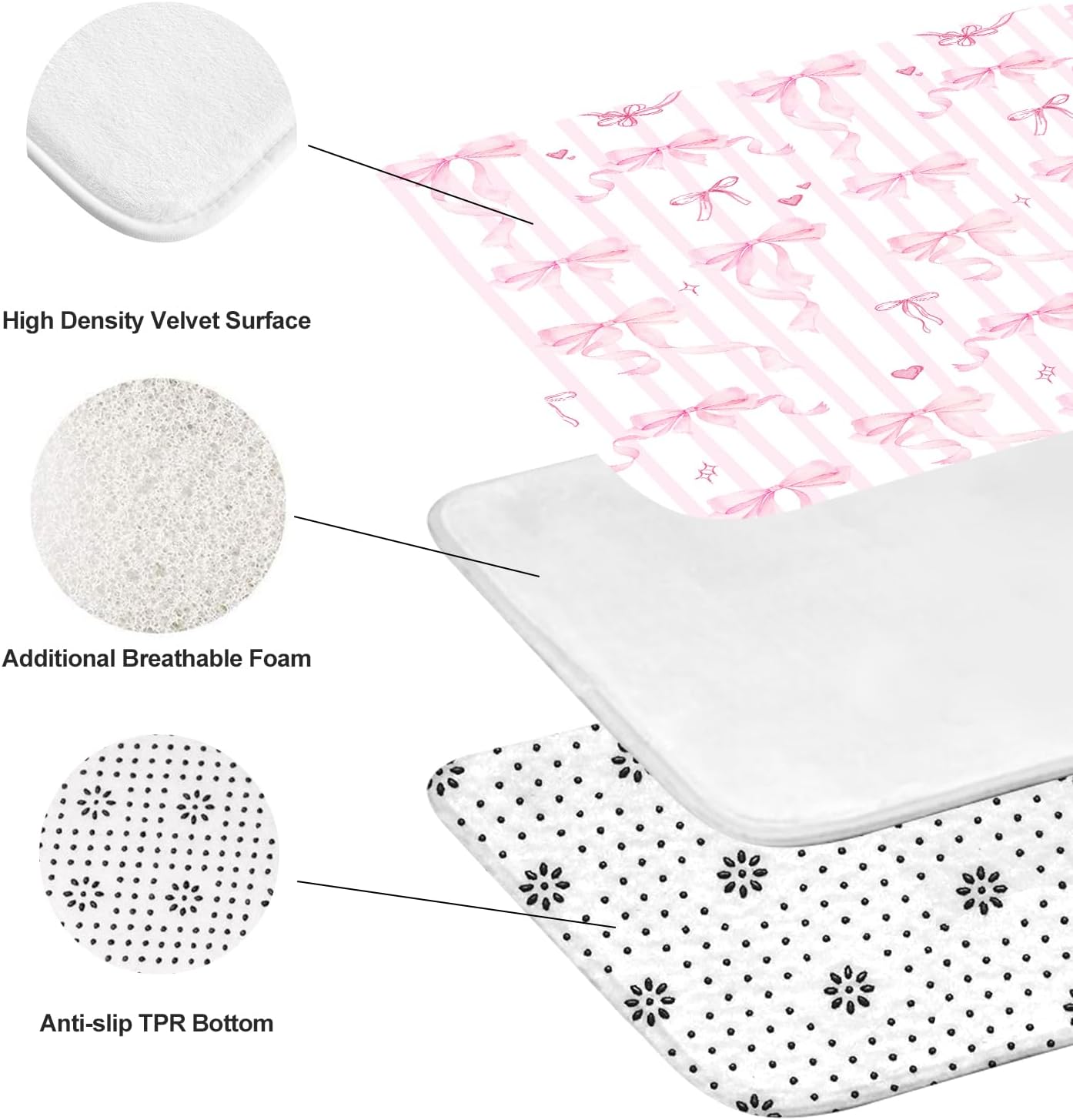 Coxila 4 PCs Pink Bow Bathroom Set with Shower Curtain 60x72 Inch, Girls Bath Decor for Kids Room, Aesthetic Preppy Print, Includes Non-Slip Bath Mat U-Shaped Rug and Toilet Lid Cover, 12 Hooks