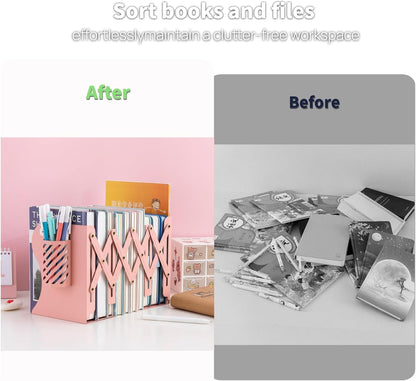 Adjustable Book Ends for Heavy Books, Metal Expandable Bookends for Shelves, Book Organizer Stopper Holder for Desk, Kids Room, Classroom, Office, Library (Pink)