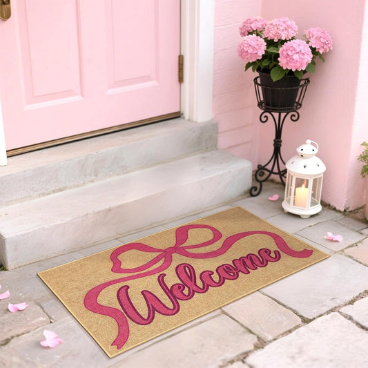 Pink Bow Doormat Outdoor Indoor Welcome Entrance Door Mat Front Back Door Pink Bowknot Inside Outside Floor Mat Non Slip Welcome Carpet Rug Washable Doormat for Porch Patio Home Decor