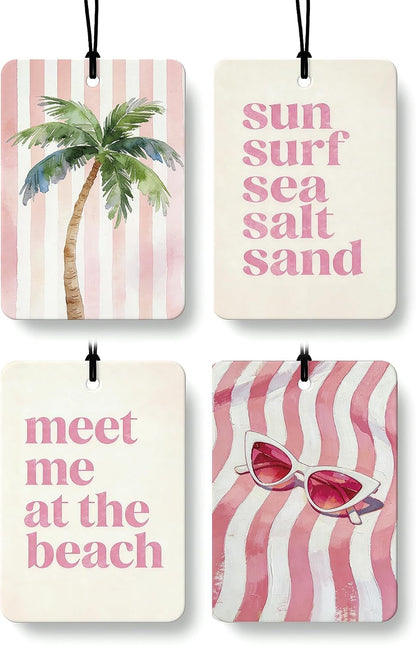 Pink Coastal Beach Car Air Freshener 4 Pcs Coconut Scented, Preppy Palm Tree Sunglasses Car Accessories Mirror Decor for Women, Girly Beachy Hanging Air Freshener for Cars Closet Drawer Books
