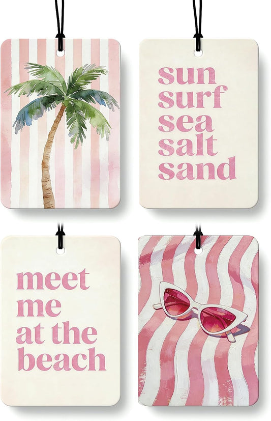 Pink Coastal Beach Car Air Freshener 4 Pcs Coconut Scented, Preppy Palm Tree Sunglasses Car Accessories Mirror Decor for Women, Girly Beachy Hanging Air Freshener for Cars Closet Drawer Books
