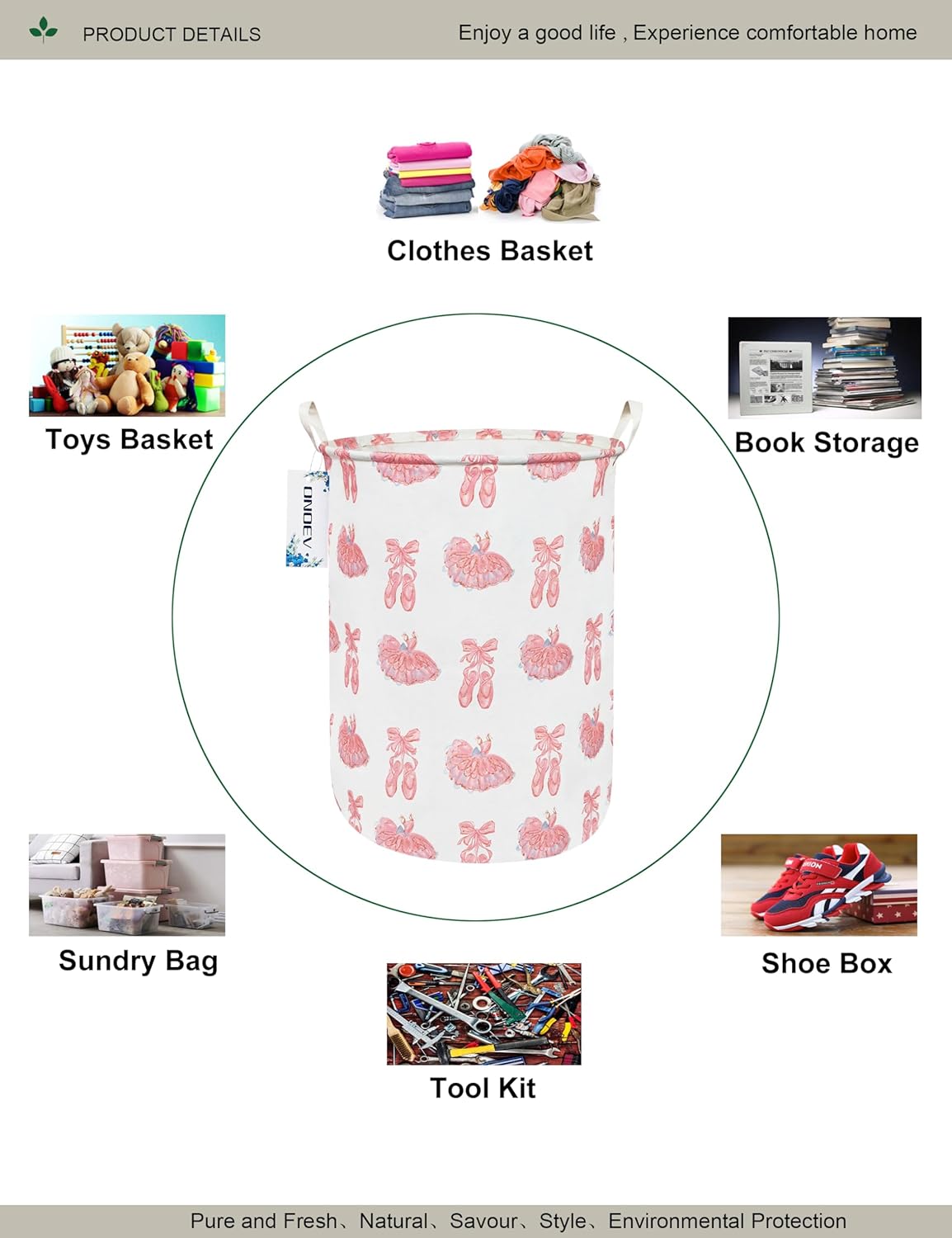 Collapsible Laundry Hamper,Waterproof Cotton Canvas Storage Basket with Reinforced Handles for Bedroom, Bathroom, Dorm & Home Organization (Pink lace dance shoes)