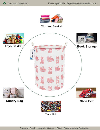 Collapsible Laundry Hamper,Waterproof Cotton Canvas Storage Basket with Reinforced Handles for Bedroom, Bathroom, Dorm & Home Organization (Pink lace dance shoes)
