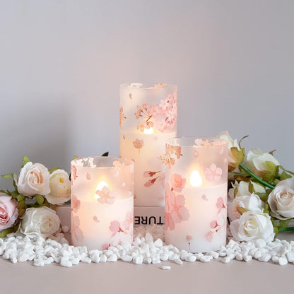 Flameless Flickering Glass Candles with Remote and Timer,Cherry Blossoms LED Battery Operated Real Wax Set of 3 Realistic Wick Electric Pillar Candles,Warm Fire(3 x 4, 5, 6 Inches)
