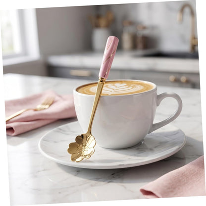 Healifty 4pcs Dessert Spoons with Ceramic Flower Handles Practical Cake and Coffee Spoons Elegant Rounded Handle Design for Home Coffee Shops and Bars Pink Gold