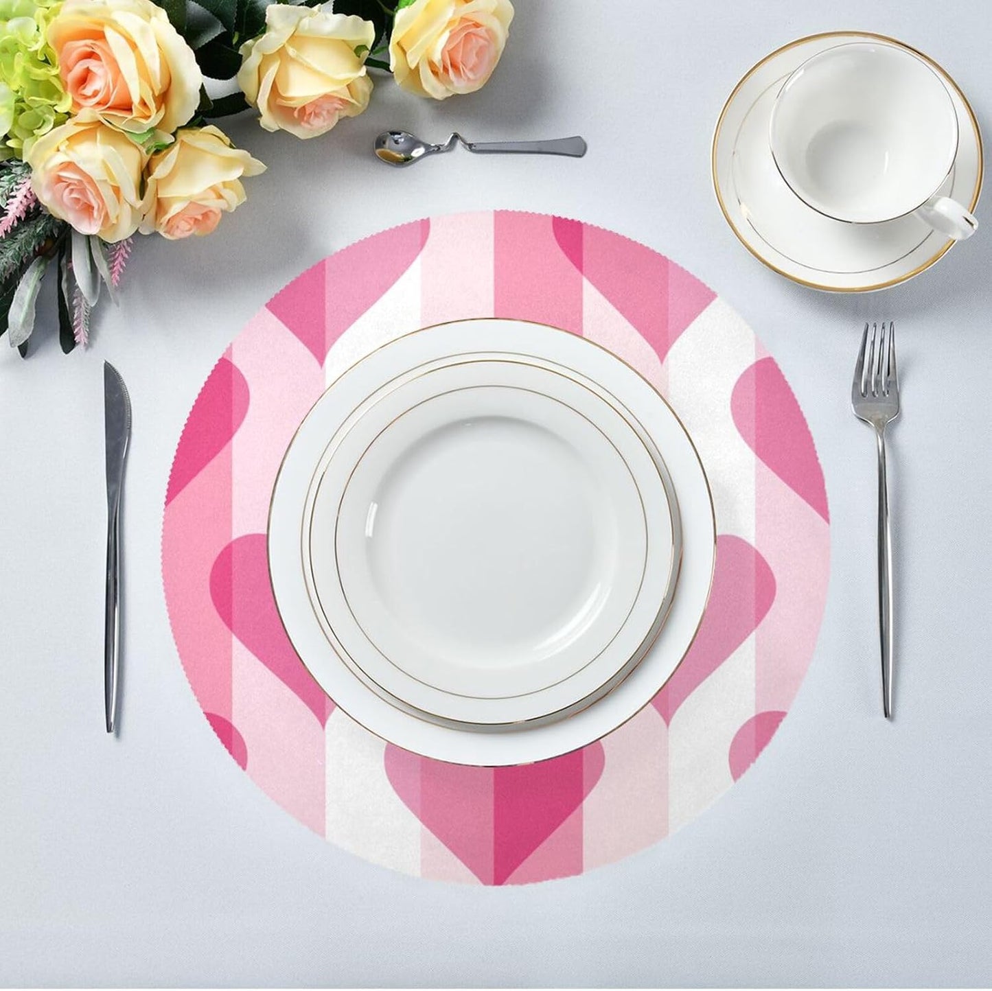 Gradient Peach Heart Pattern placemat round table reusable placemat linen burlap 15.4