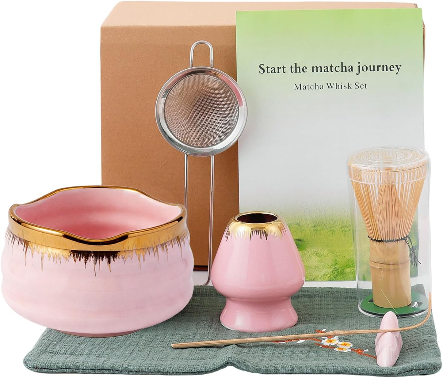 7-Piece Matcha Set: Matcha Bowl + Bamboo Whisk Kit, Ceremonial Matcha Whisk Tools with Golden Texture Details, Japanese Tea Ceremony Starter Kit, Unique Matcha Gift (pink)