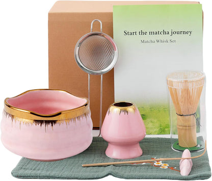 7-Piece Matcha Set: Matcha Bowl + Bamboo Whisk Kit, Ceremonial Matcha Whisk Tools with Golden Texture Details, Japanese Tea Ceremony Starter Kit, Unique Matcha Gift (pink)